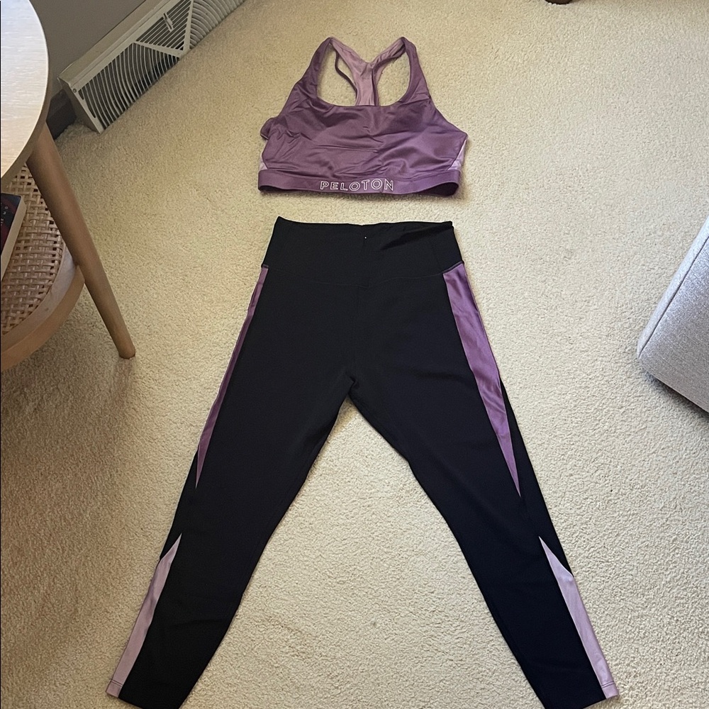 Peloton Women's Black and Purple Leggings & Sports Bra Work out set